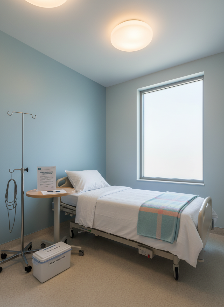 An inviting preoperative area featuring a simple hospital bed with fresh white linens, a neatly placed pastel blanket, and a small bedside table holding a clear information folder symbolizing patient education about anesthesia. Nearby, an IV pole with unused tubing and a labeled, closed medication tray suggests preparation without feeling threatening. Warm, diffused ceiling lights and daylight from a frosted window blend to create a soft, comfortable glow, minimizing clinical harshness. Captured at eye level with a wide angle to show the whole corner of the room, the composition emphasizes open space, cleanliness, and calm. Photographic realism and gentle colors support a mood of reassurance and humanized care, without showing any people.