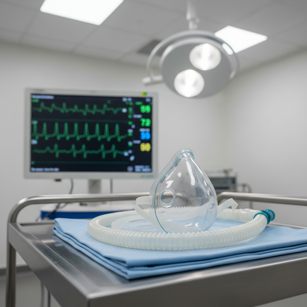 A close-up, photographic view of an anesthesia mask and breathing circuit resting on a neatly folded light-blue surgical drape, placed on a stainless steel cart in a calm procedure room. The transparent silicone mask shows subtle reflections, its soft, flexible edges clearly visible, attached to a gentle curve of corrugated tubing. In the softly blurred background, an anesthesia monitor displays stable, green waveforms and numbers, suggesting well-controlled vital signs. Overhead LED lights provide even, cool-white illumination without harsh shadows, while the cart’s surface reflects a faint, clean sheen. Shot from a slightly elevated angle with shallow depth of field, the image feels reassuring, precise, and clean, highlighting the equipment as familiar and non-intimidating.