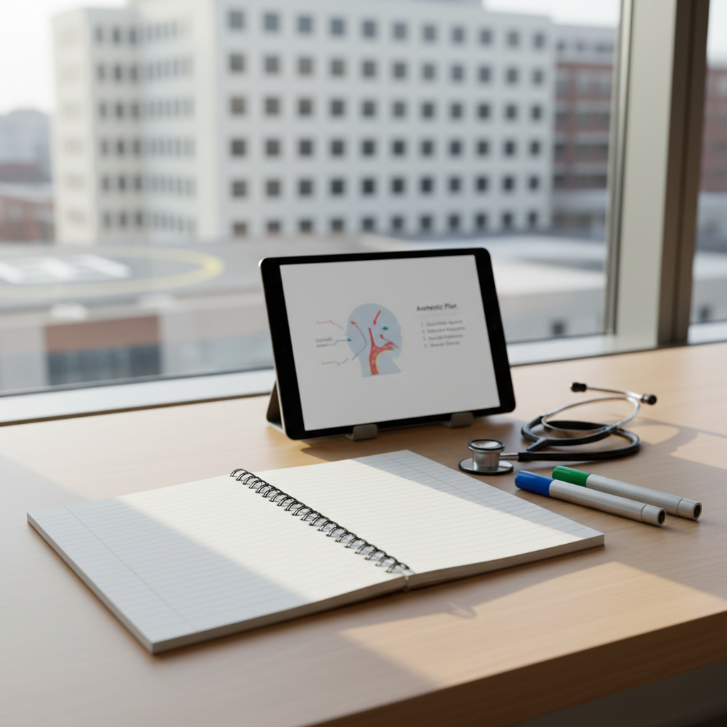 A detailed, close-up photographic scene of an anesthesia provider’s neatly arranged workspace for students: a smooth, light-wood desk with an open notebook filled with clean, blank lines, a stethoscope coiled carefully beside it, color-coded penlights, and a tablet displaying a simplified, stylized diagram of the airway and anesthetic plan. In the softly blurred background, a window reveals an out-of-focus hospital building, hinting at the clinical environment. Natural daylight pours in from the side, creating gentle highlights on the metal of the stethoscope and mild shadows along the notebook pages. Shot from a slightly elevated angle with shallow depth of field, the atmosphere feels studious, organized, and approachable, ideal for learning about the day-to-day life in anesthesia.